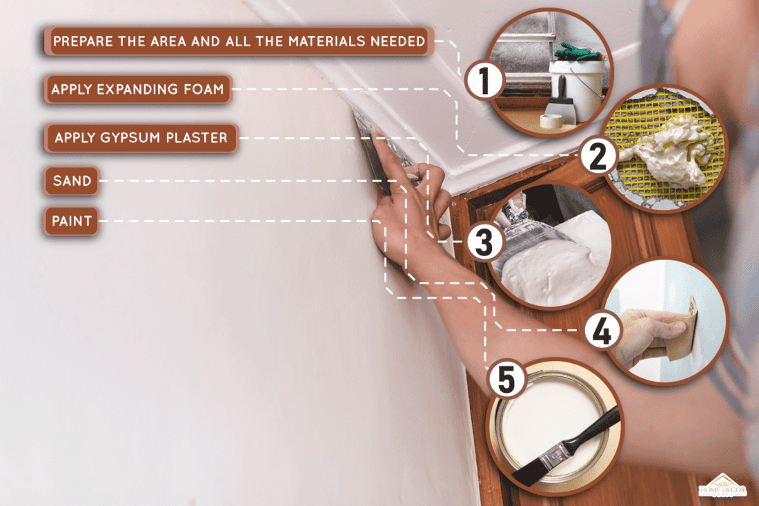 A handyman applies putty or filler to cover the gap between a wood cornice and a concrete wall, How To Fill The Gap Between A Ceiling And Wall [Step By Step Guide]