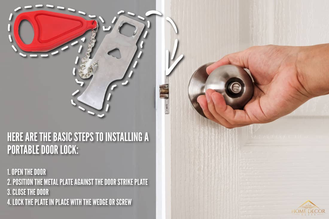 Hand holding door knob, white door and wall, How To Install Portable Door Lock [Step By Step Guide]