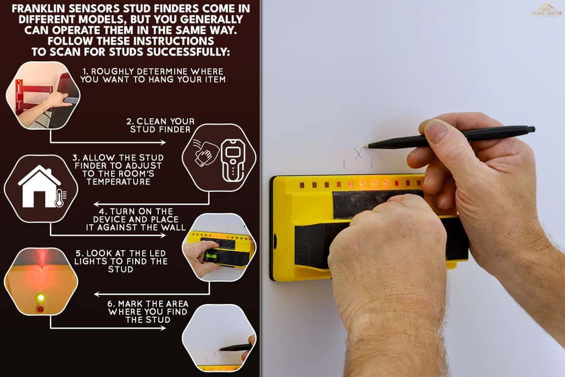 A man scanning wall to find find studs more accurately through difficult surfaces, How To Use A Franklin Sensors Stud Finder [Step By Step Guide]