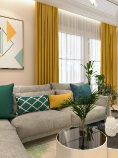Living room with couch and yellow curtain, No Space For Curtain Rod - How To Hang Curtains When The Window Is At The Top Of The Wall