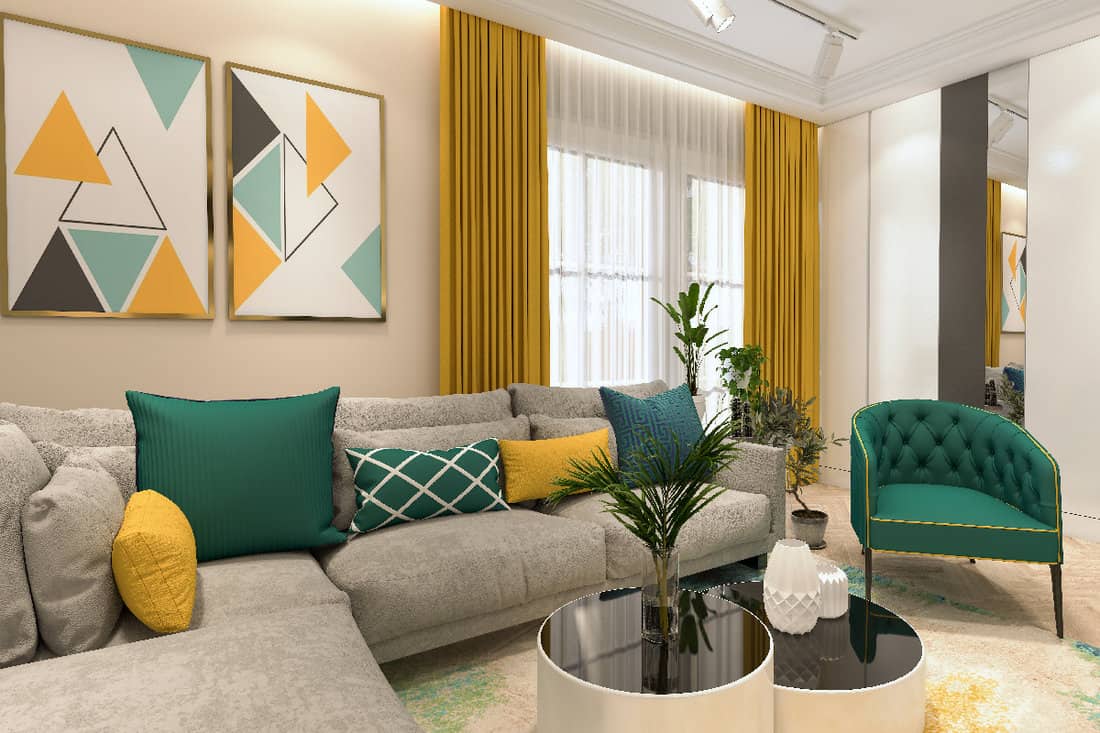 Living room with couch and yellow curtain