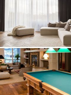 Luxury living room with big beige corner sofa and wooden floor and wall decoration.- This home has a game room with a pool table. - Den Vs Family Room: What's The Difference?