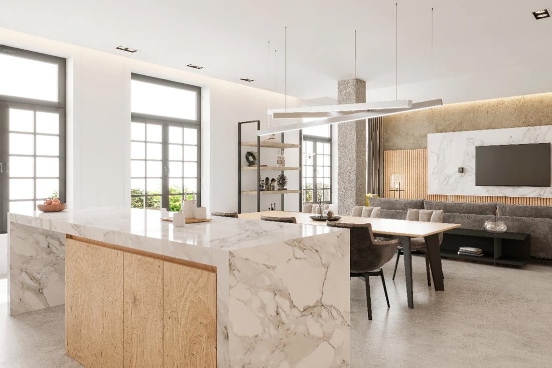 Marble countertop in modern open plan apartment kitchen