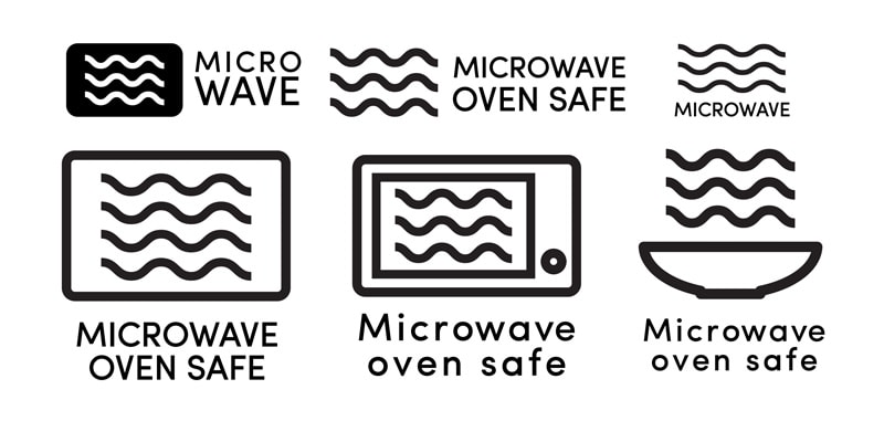 Microwave oven safe icon vector set line style with dish information sign for cooking, suitability of plastic utensils for safe heating.