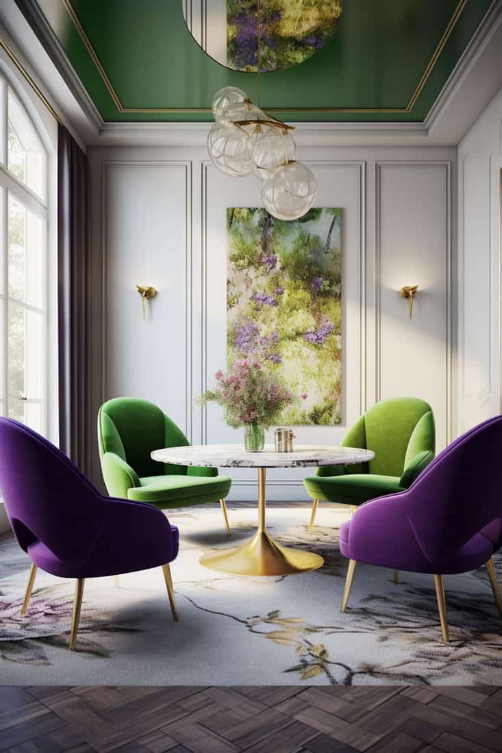 room with apple green and vibrant purple elements evoking luxury and freshness