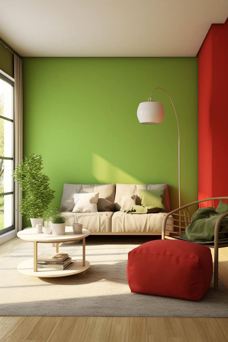 room with apple green elements, accented by vibrant red