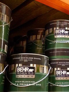 Behr brand paint cans on sale at a local home improvement store, Recommended painting tools
