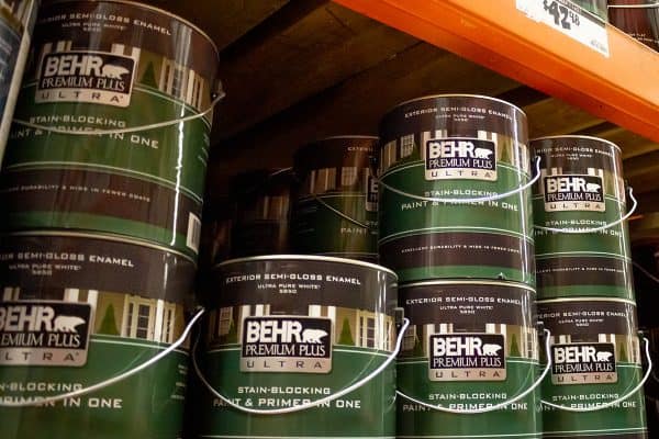Behr brand paint cans on sale at a local home improvement store, Recommended painting tools