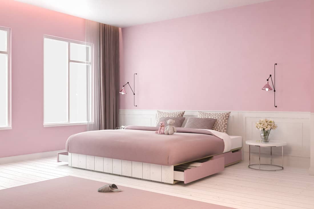 Simple style bedroom with pink design on hardwood white colored floor