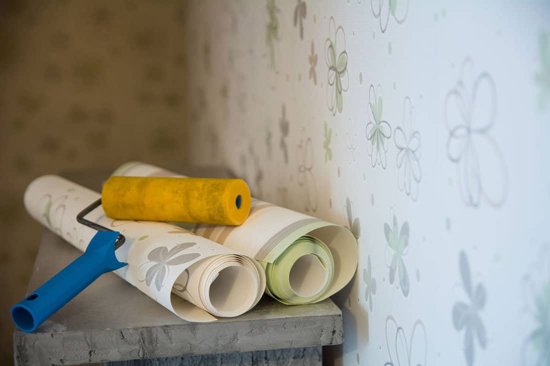 Two rolls of wallpaper and a roller lie against