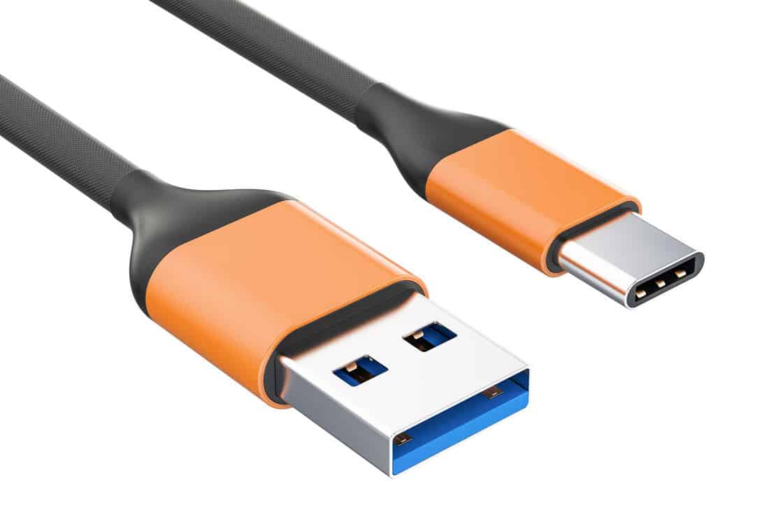 USB-C charging data cable, type C male to type A male. 3D rendering