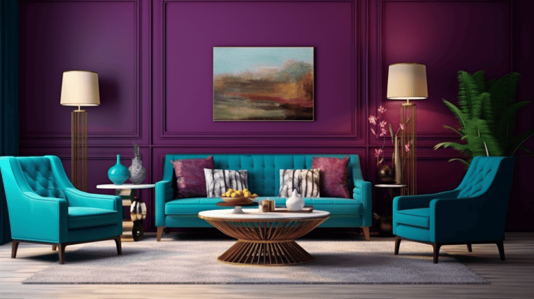 a captivating living room with a plum-colored wall and teal furniture, creating a stunning harmony due to their shared blue undertones1600x900