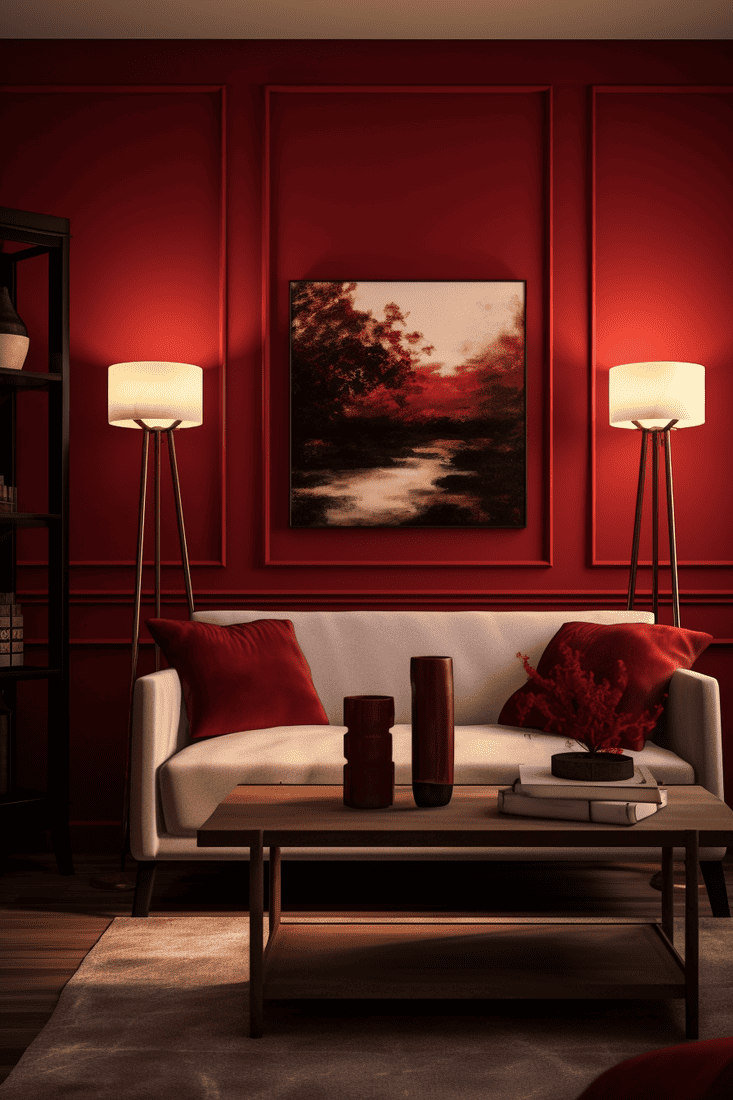a hyperrealistic room featuring dark red walls that create a homey and welcoming space in harmony with pine wood.