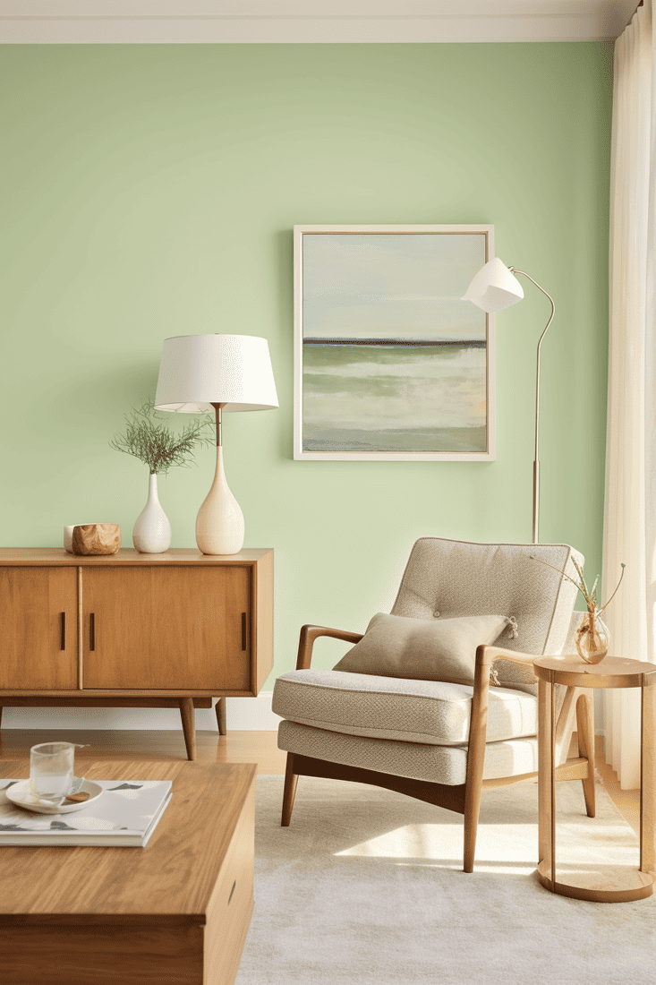 a hyperrealistic room featuring pastel green walls that complement natural pine tones.