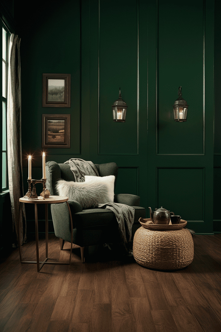 a hyperrealistic room with dark green walls that evoke a natural and woodsy feeling. Pair the green with pine flooring and trim for a rustic look.