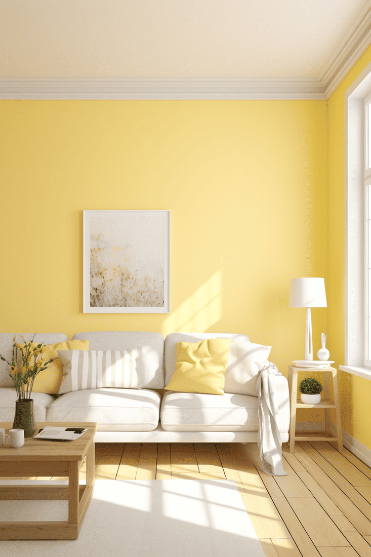 a hyperrealistic room with pastel yellow walls that pair incredibly well with pine wood.