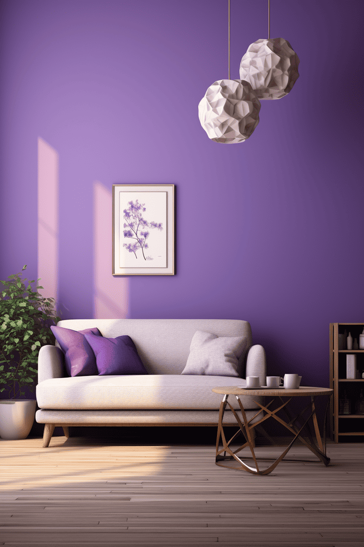 a hyperrealistic room with purple walls, either light or dark, that complements pine wood tones for a unique and fun twist.