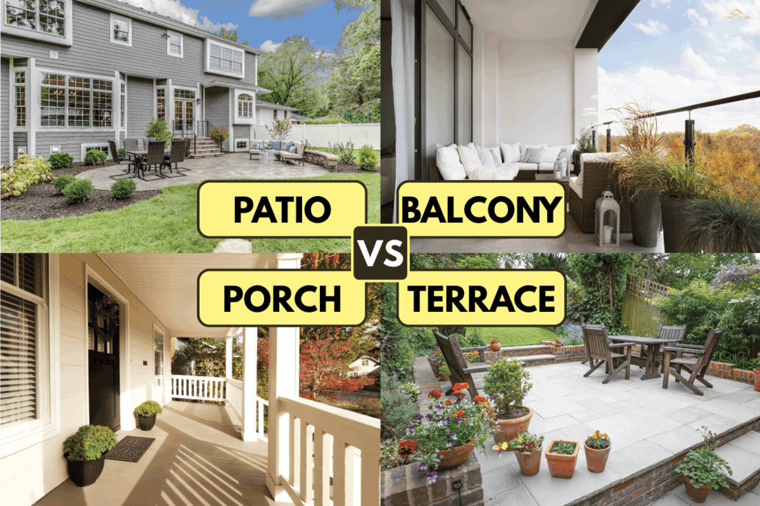 different outdoor living spaces in one collage. Balcony Vs Patio Vs Terrace Vs Porch Pros, Cons, And Major Differences