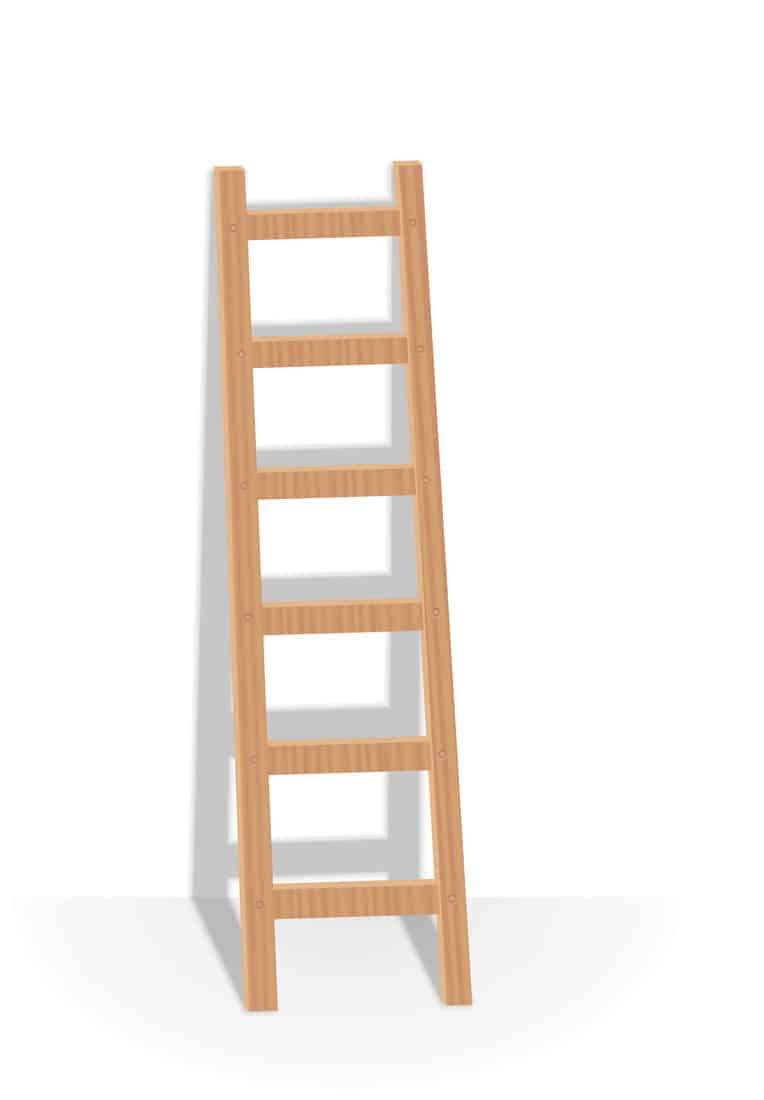 wooden Ladder leaning against white wall. Isolated vector illustration on white background.
