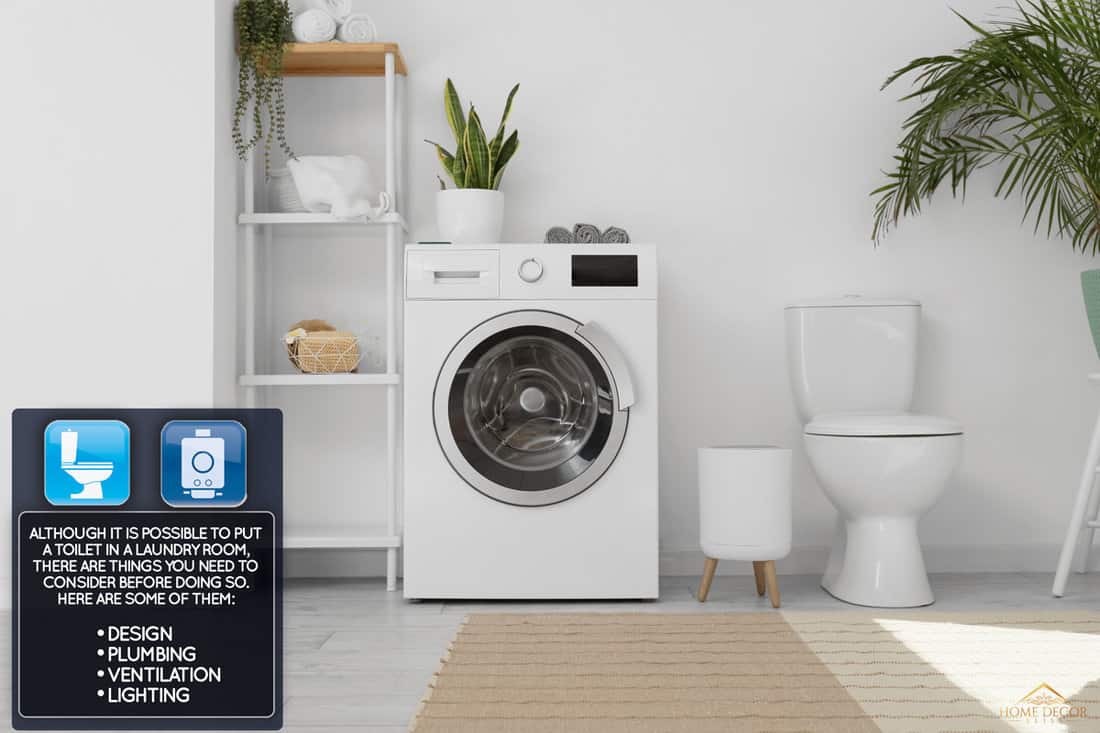 Modern washing machine, shelf unit and toilet bowl near white wall in bathroom interior, Can You Add A Toilet To A Laundry Room? [Yes, But Here's What You Need To Know!]