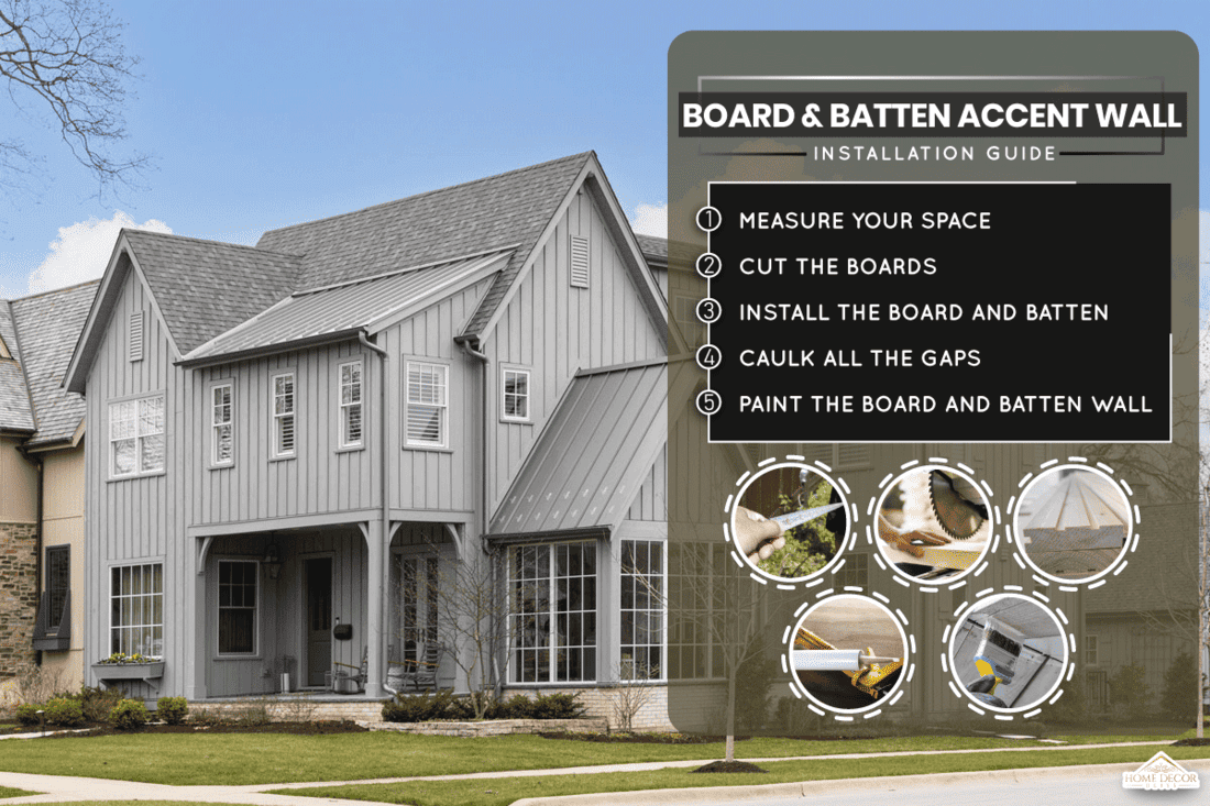 Large gray modern farmhouse with a covered front porch, large windows, and board and batten siding, How Thick Should Board & Batten Boards Be?