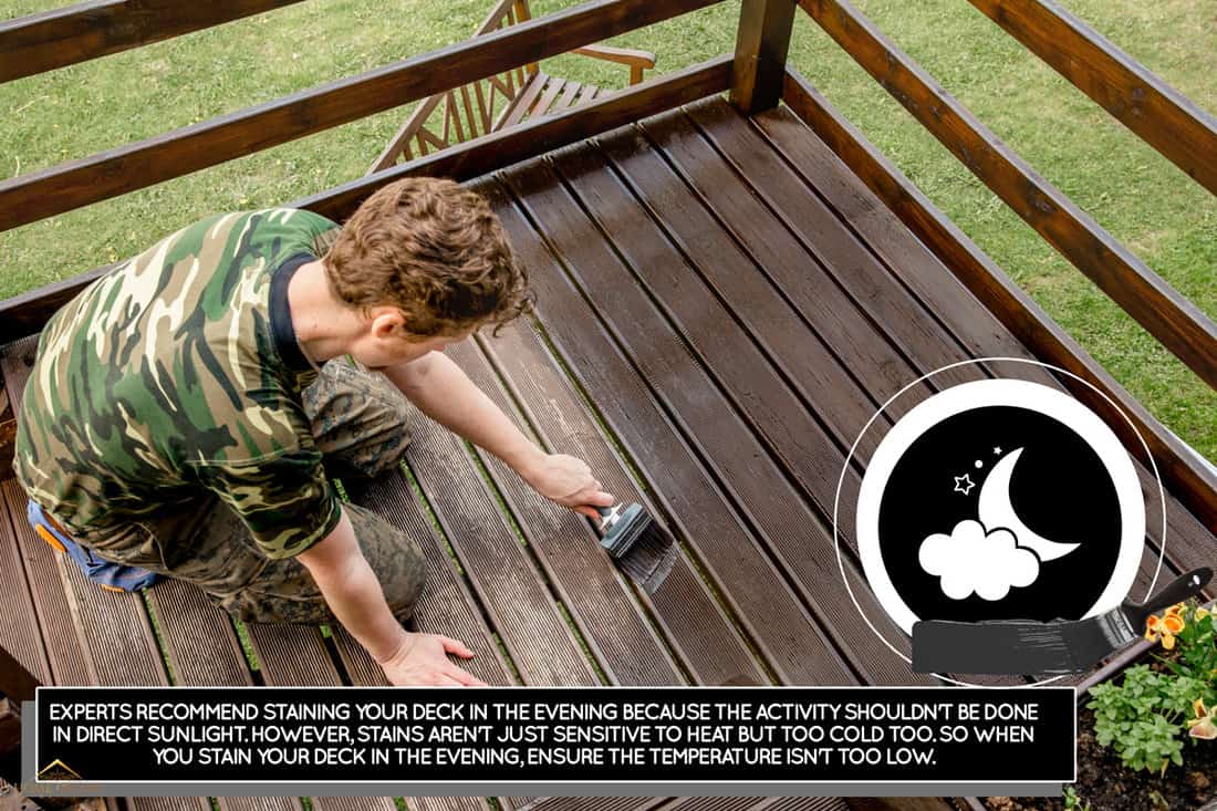Top view of young man staining garden terrace wooden boards outdoors in spring. Terrace wood stain concept., Can You Stain A Deck In The Evening? [Yes! Here's What You Need To Know!]