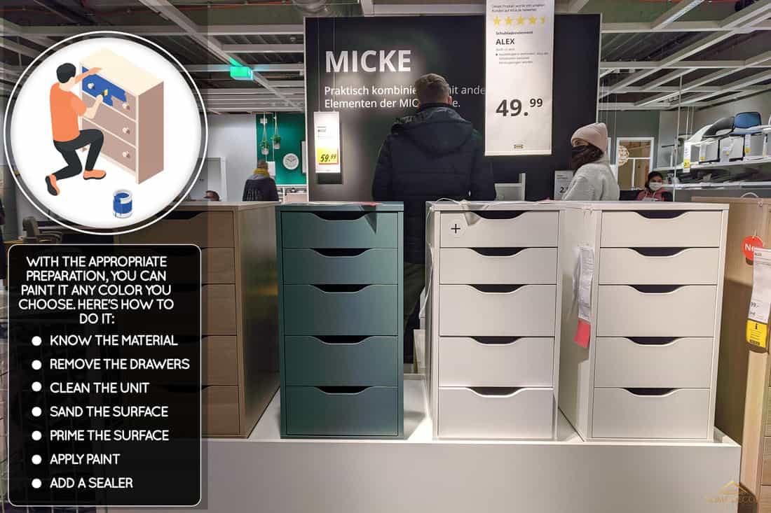 Couple shopping for home furniture with Alex drawers display in Ikea store. Affordable wooden office furniture in different colors on display in furniture store, Can You Paint Ikea Alex Drawers? [And How To]