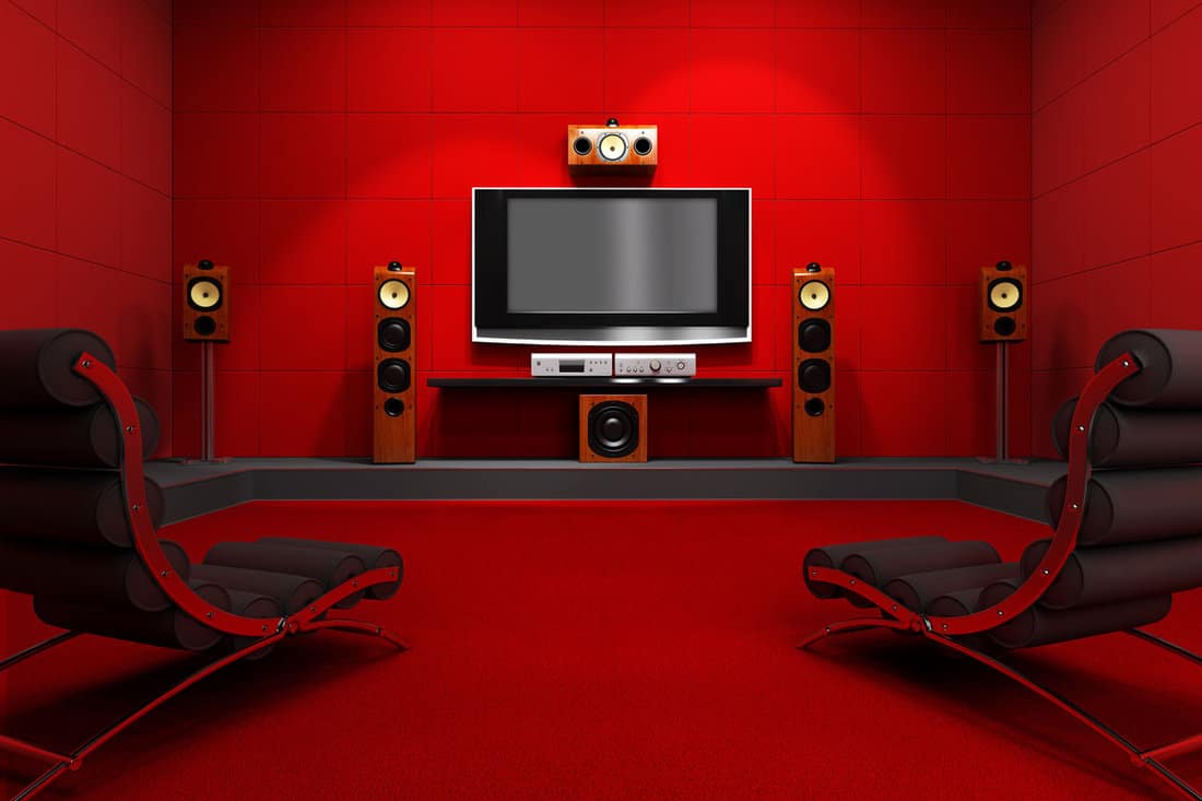 A contemporary home theater room furnished with modern furniture and electronics