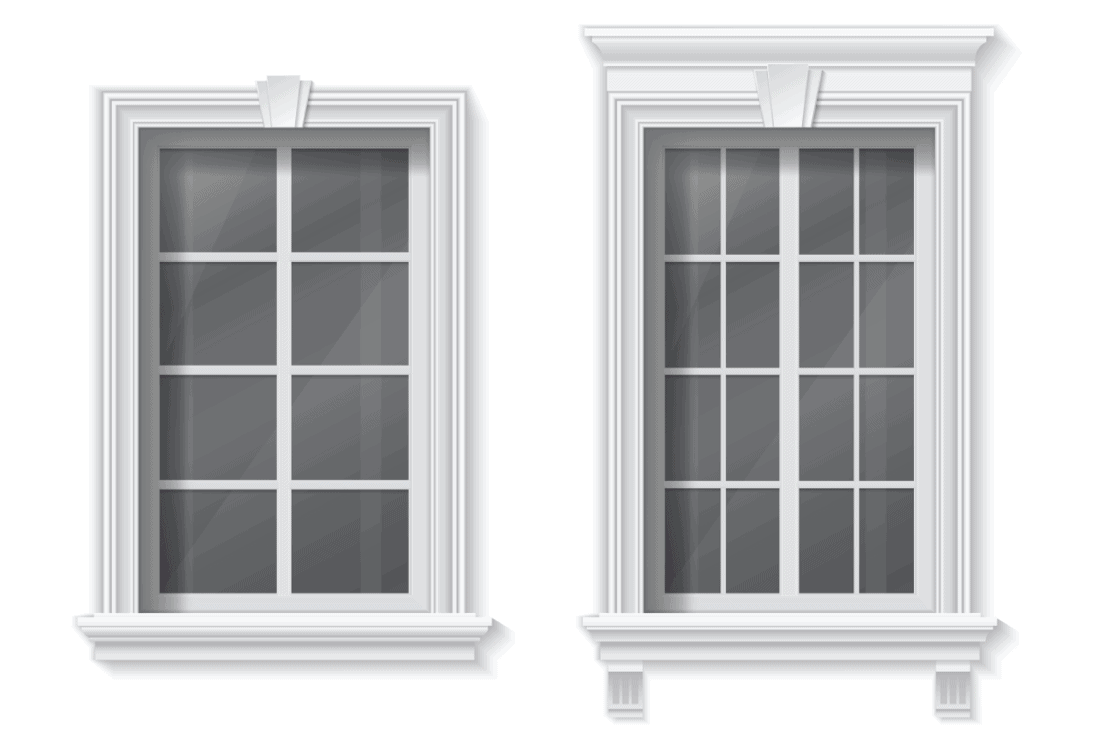 A window in a classic frame with a pediment and trim