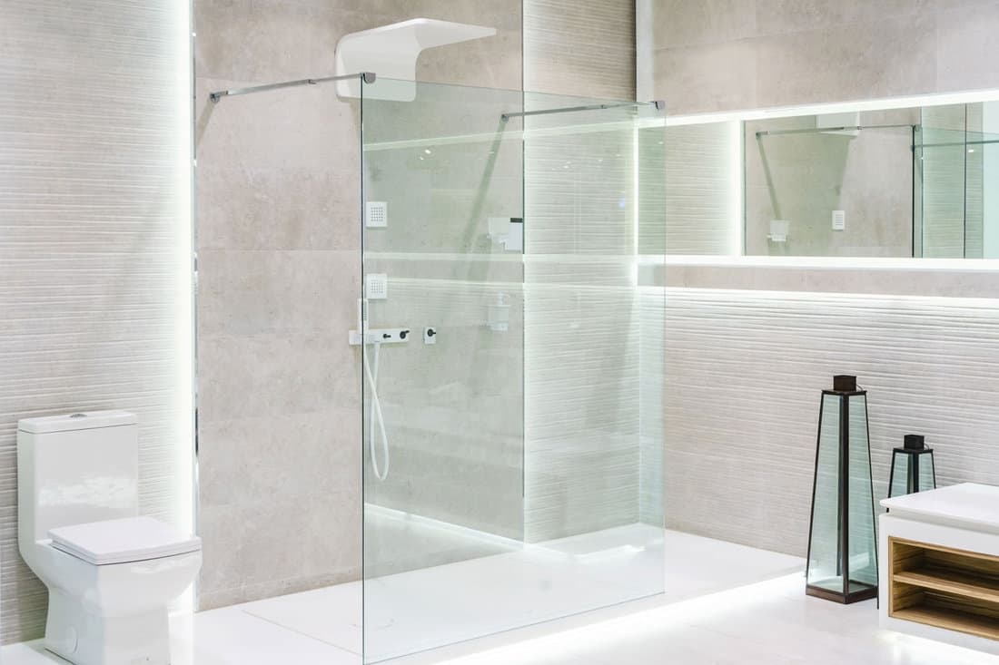 Bathroom interior with white walls, a shower cabin with glass wall, a toilet and sink