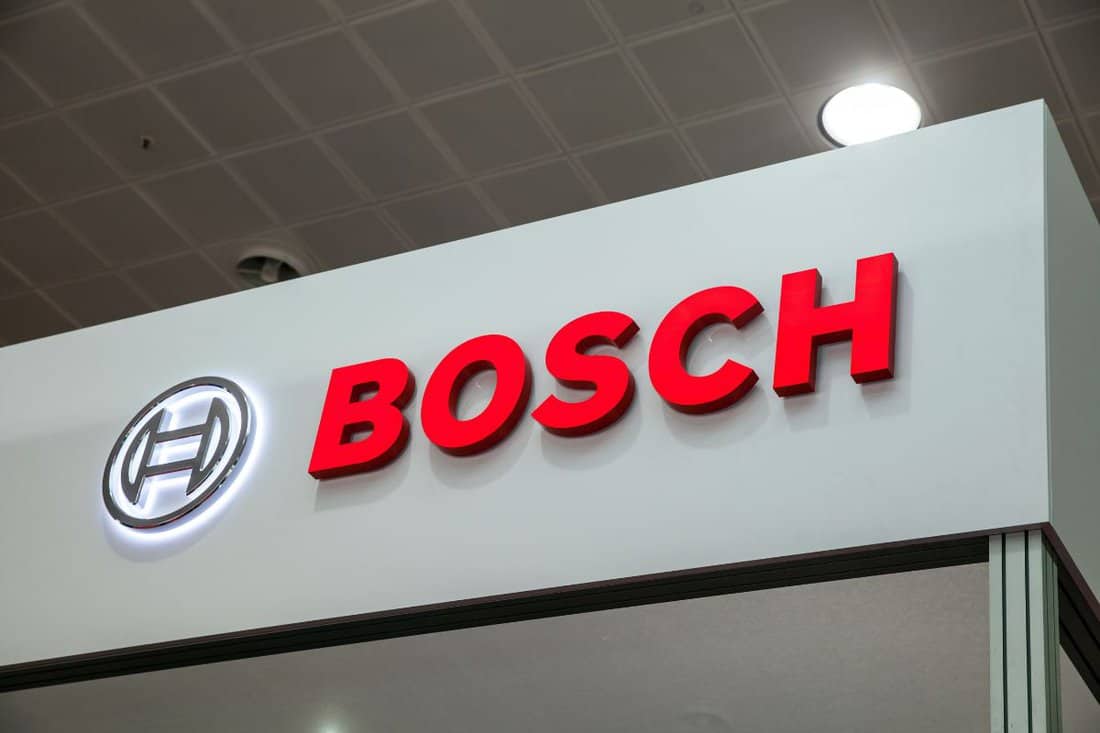 Bosch company logo on the wall. Bosch is a German multinational engineering and electronics company