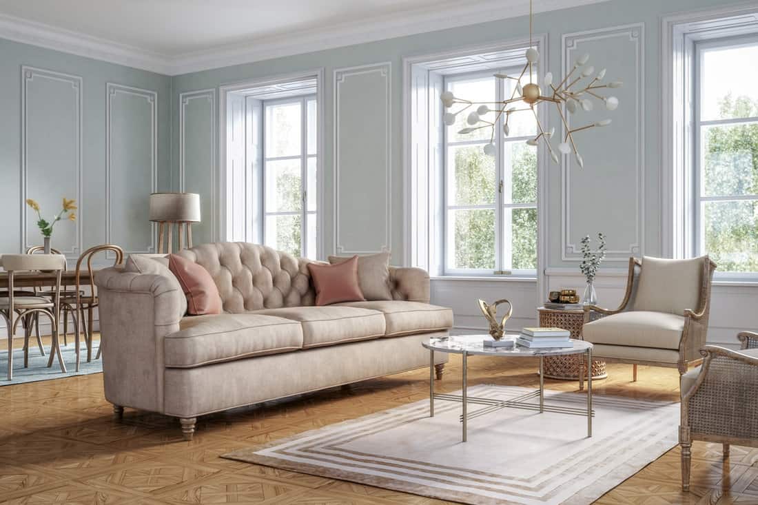 Classic style living room interior 3d render with beige colored furniture and wooden elements.