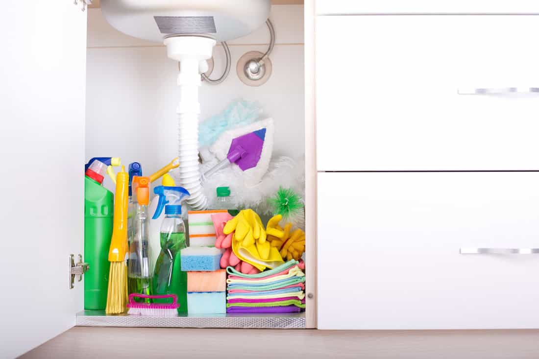 Cleaning supplies in kitchen cabinet