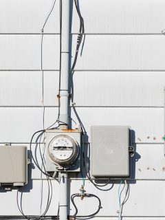 Electric power supply meters and phone line drop junction box on white vinyl siding wall, How To Install Siding Around An Electric Meter?