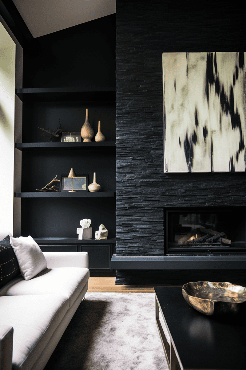 For a balanced, modern look, paint the wall behind your light stone fireplace in black