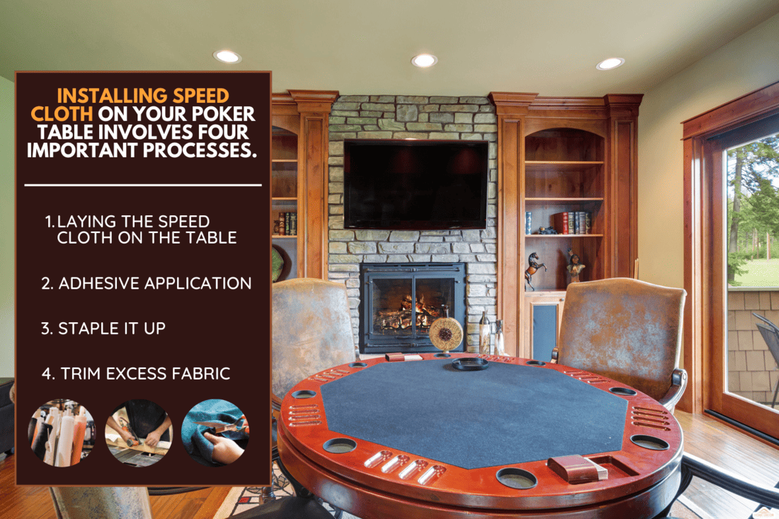 Fun game area on the second floor. Poker table surrounded by chic gray leather chairs facing stone wall fireplace flanked by built in bookshelves, How To Install Speed Cloth On A Poker Table