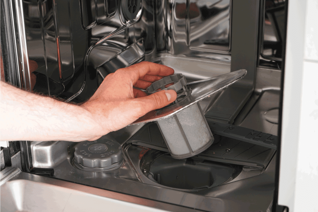 Home appliance maintenance. A man cleans the filter in the dishwasher.
