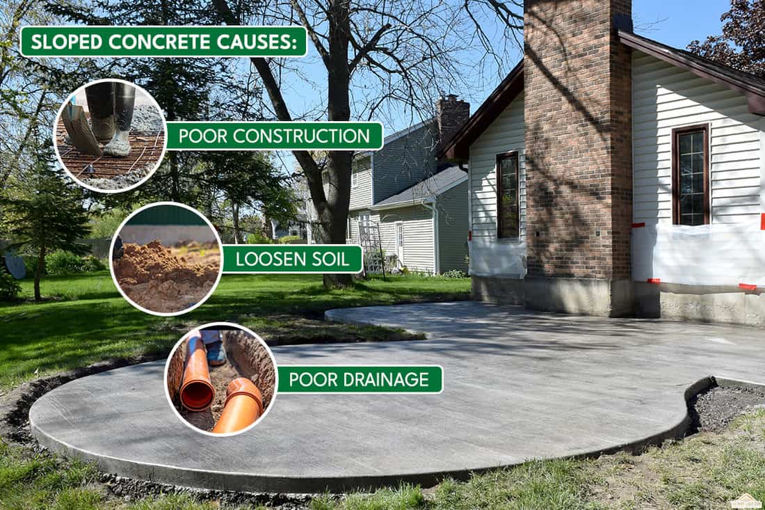 A backyard patio construction with a concrete cement foundation, How To Fix Concrete Patio Slope