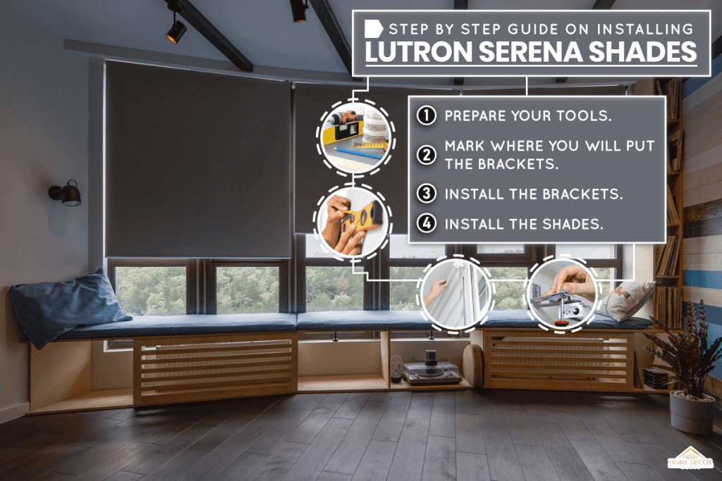 Motorized roller shades in the interior. Automatic roller blinds beige color on big glass windows, How To Install Lutron Serena Shades [Step By Step Guide]
