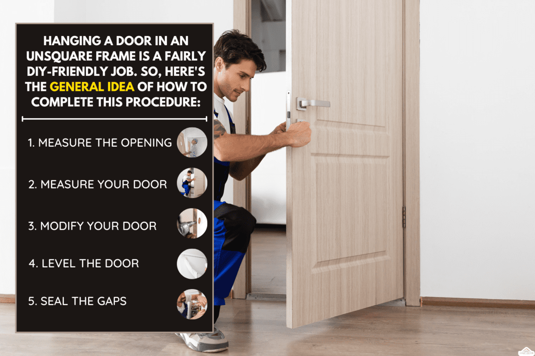 Installation of a lock on the front wooden entrance door. Portrait of young locksmith workman in blue uniform installing door knob. Professional repair service. Maintenance Concept - How To Hang A Door In An Unsquare Frame [Step By Step Guide]