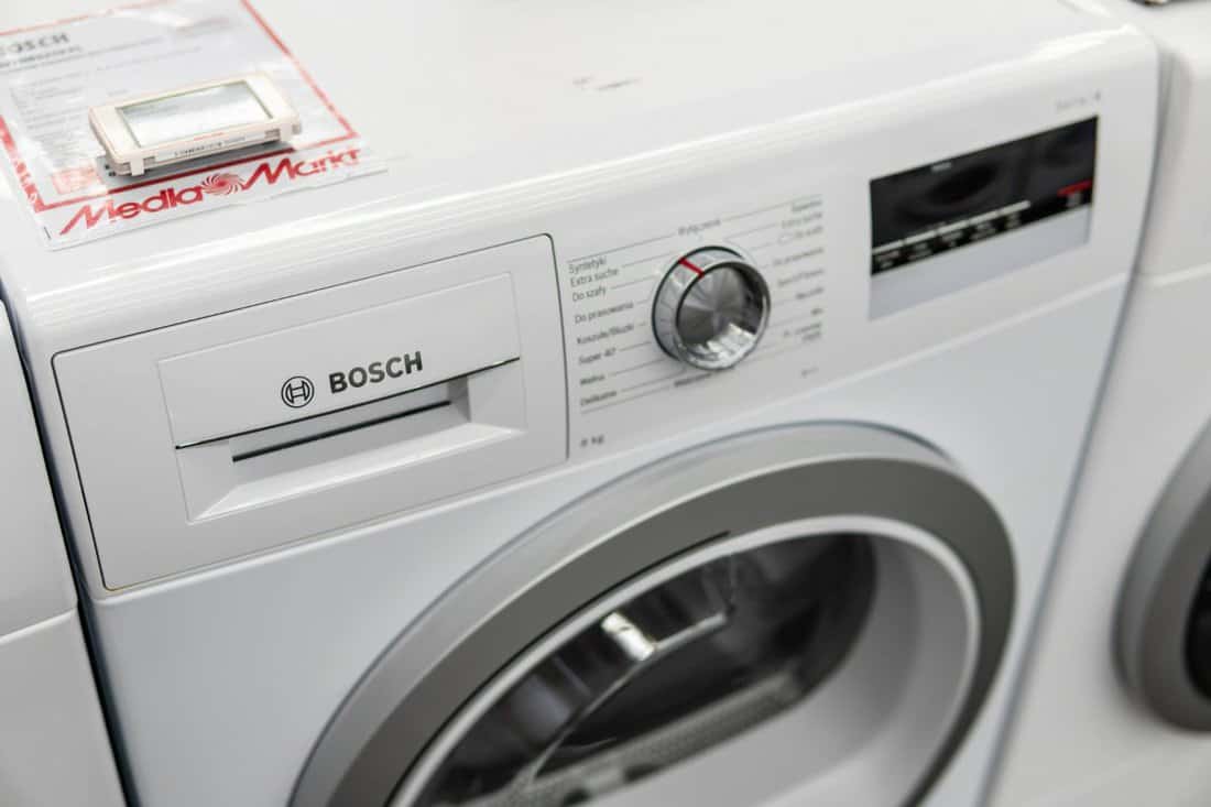 Media Markt electronic store, free-standing Bosch Serie4 dryer washing machine A++ 8kg on display, produced by BSH Home Appliances,