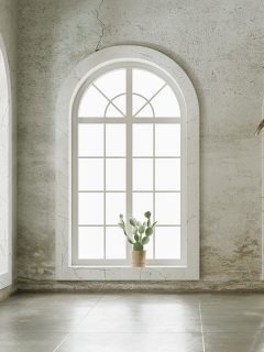 Minimalist interior design of the empty living room with grungy walls and arch windows, How To Cover An Arched Window