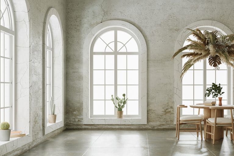 Minimalist interior design of the empty living room with grungy walls and arch windows, How To Cover An Arched Window