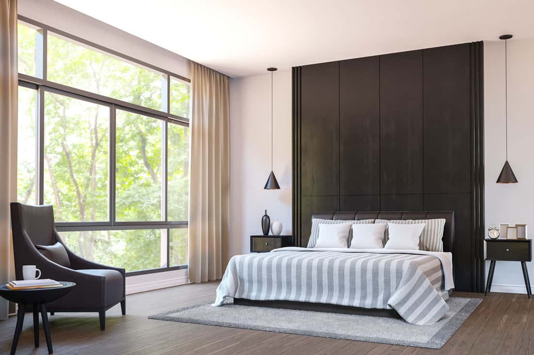 Modern bedroom decorate with brown leather furniture and black wood 3d