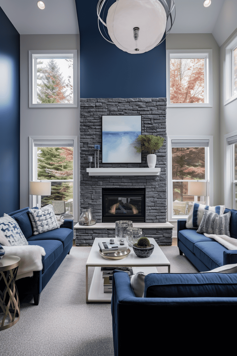 Navy blue and White accents complement the design, and a stone fireplace adds charm