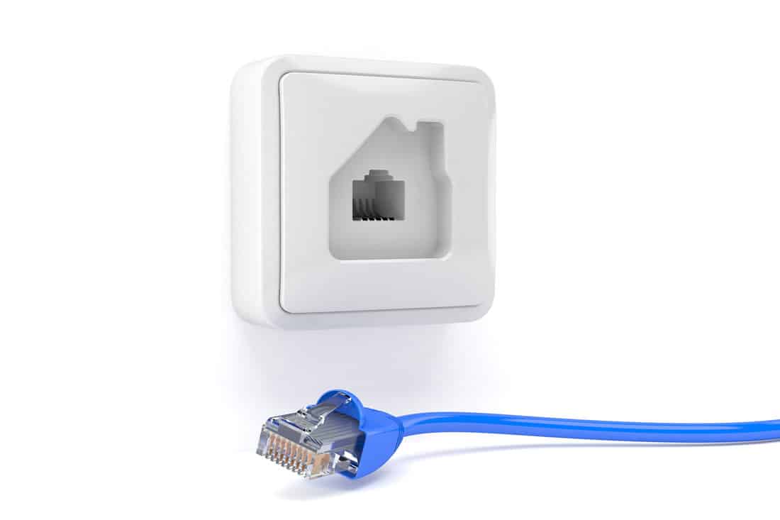 Network outlet in house shape with network plug isolated on white background. 3d illustration 