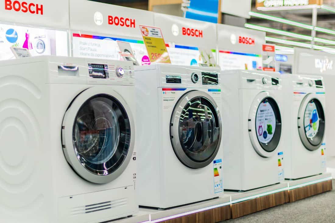  New front-loader washing machines by Bosch put up for sale in a household goods store