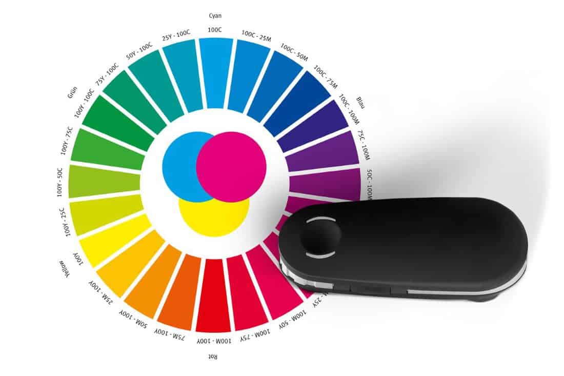 Print color wheel and spectrometer controll instrument reading RGB,