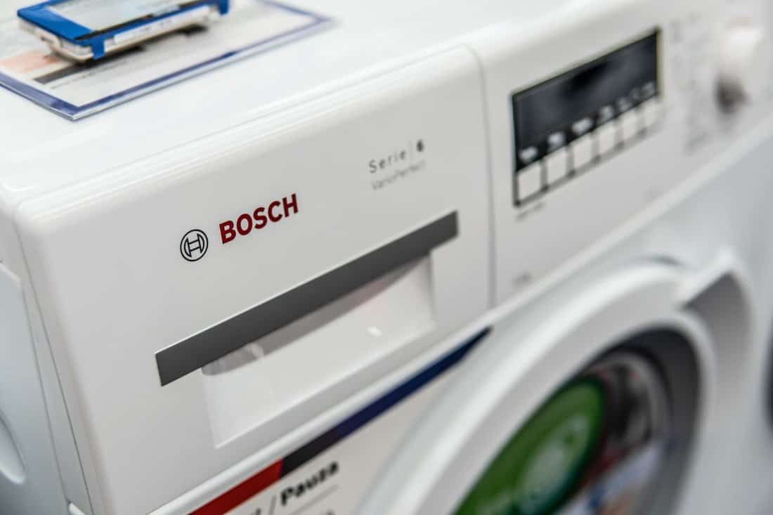 Saturn electronic store, free-standing Bosch washing machine on display, produced by BSH Home Appliances, largest manufacturer of home appliances in Europe