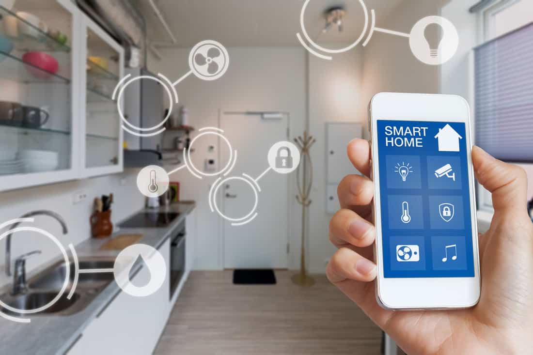 Smart home technology interface on smartphone app screen with augmented reality (AR) view of internet
